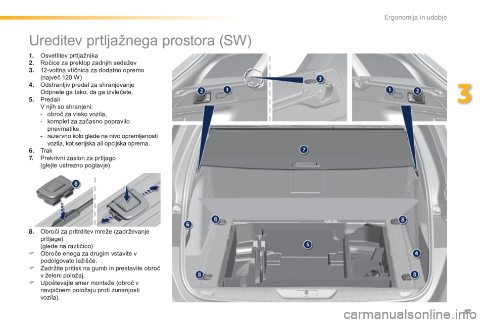 Peugeot 308 2016 Priročnik za lastnika (in Slovenian) 87
308_sl_Chap03_ergonomie-et-confort_ed02-2015
Ureditev prtljažnega prostora (SW)
1. Osvetlitev prtljažnika
2. Ročice za preklop zadnjih sedežev
3.
1
2-voltna vtičnica za dodatno opremo
(najv Peugeot 308 2016 Priročnik za lastnika (in Slovenian) 87
308_sl_Chap03_ergonomie-et-confort_ed02-2015
Ureditev prtljažnega prostora (SW)
1. Osvetlitev prtljažnika
2. Ročice za preklop zadnjih sedežev
3.
1
2-voltna vtičnica za dodatno opremo
(najv