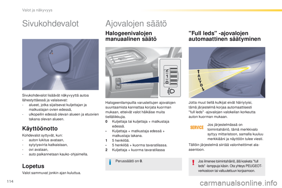 Peugeot 308 2016 Omistajan käsikirja (in Finnish) 114
308_fi_Chap04_eclairage-et-visibilite_ed02-2015
Sivukohdevalot lisäävät näkyvyyttä autoa
lähestyttäessä ja valaisevat:
-
a
lueet, jotka sijaitsevat kuljettajan ja
matkustajan ovien ede Peugeot 308 2016 Omistajan käsikirja (in Finnish) 114
308_fi_Chap04_eclairage-et-visibilite_ed02-2015
Sivukohdevalot lisäävät näkyvyyttä autoa
lähestyttäessä ja valaisevat:
-
a
lueet, jotka sijaitsevat kuljettajan ja
matkustajan ovien ede