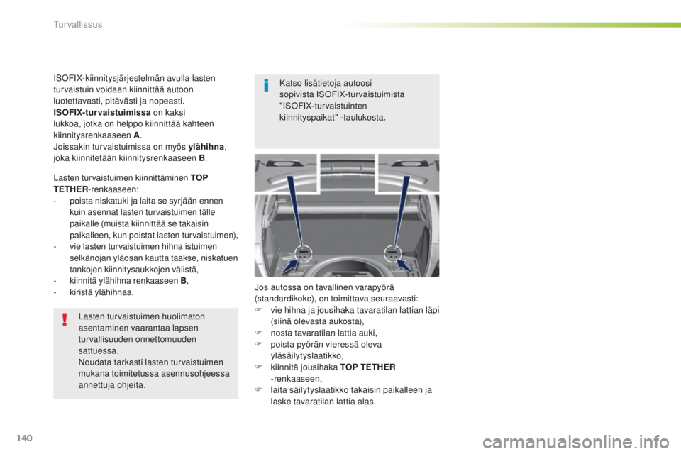 Peugeot 308 2016 Omistajan käsikirja (in Finnish) 140
308_fi_Chap05_securite_ed02-2015
Lasten turvaistuimen huolimaton
asentaminen vaarantaa lapsen
turvallisuuden onnettomuuden
sattuessa.
Noudata tarkasti lasten turvaistuimen
mukana toimitetussa Peugeot 308 2016 Omistajan käsikirja (in Finnish) 140
308_fi_Chap05_securite_ed02-2015
Lasten turvaistuimen huolimaton
asentaminen vaarantaa lapsen
turvallisuuden onnettomuuden
sattuessa.
Noudata tarkasti lasten turvaistuimen
mukana toimitetussa
