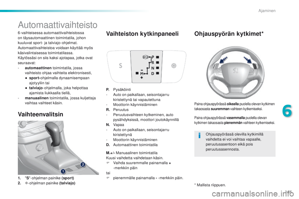 Peugeot 308 2016 Omistajan käsikirja (in Finnish) 165
308_fi_Chap06_conduite_ed02-2015
Automaattivaihteisto
6-vaihteisessa automaattivaihteistossa
on täysautomaattinen toimintatila, johon
kuuluvat sport- ja talviajo-ohjelmat.
Automaattivaihteisto Peugeot 308 2016 Omistajan käsikirja (in Finnish) 165
308_fi_Chap06_conduite_ed02-2015
Automaattivaihteisto
6-vaihteisessa automaattivaihteistossa
on täysautomaattinen toimintatila, johon
kuuluvat sport- ja talviajo-ohjelmat.
Automaattivaihteisto