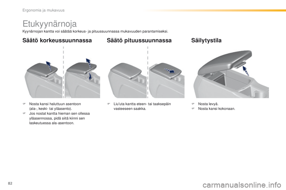 Peugeot 308 2016  Omistajan käsikirja (in Finnish) 82
308_fi_Chap03_ergonomie-et-confort_ed02-2015
etukyynärnoja
Kyynärnojan kantta voi säätää korkeus- ja pituussuunnassa mukavuuden parantamiseksi.
F 
N
 osta kansi haluttuun asentoon  
(ala-, ke