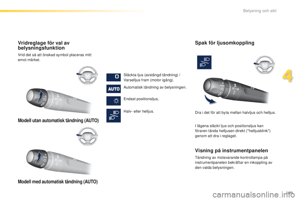 Peugeot 308 2016 Ägarmanual (in Swedish) 109
308_sv_Chap04_eclairage-et-visibilite_ed02-2015
Modell utan automatisk tändning (AUTO)
Modell med automatisk tändning (AUTO)
Vridreglage för val av
belysningsfunktion
Vrid det så att önskad Peugeot 308 2016 Ägarmanual (in Swedish) 109
308_sv_Chap04_eclairage-et-visibilite_ed02-2015
Modell utan automatisk tändning (AUTO)
Modell med automatisk tändning (AUTO)
Vridreglage för val av
belysningsfunktion
Vrid det så att önskad