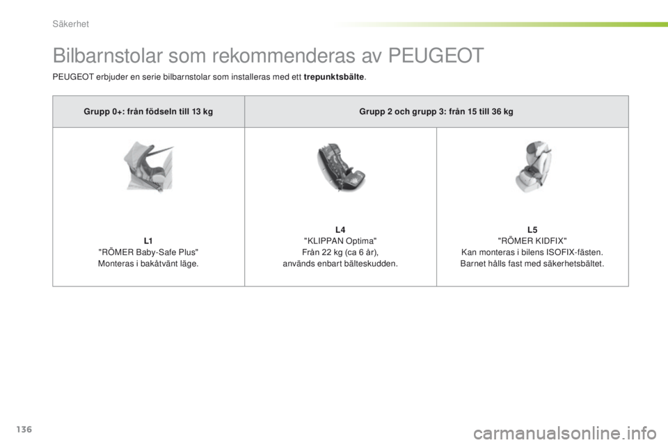Peugeot 308 2016 Ägarmanual (in Swedish) 136
308_sv_Chap05_securite_ed02-2015
Bilbarnstolar som rekommenderas av Peu GeOt
PeuGeOt erbjuder en serie bilbarnstolar som installeras med ett trepunktsbälte .
Grupp 0+: från födseln till 13 kg G Peugeot 308 2016 Ägarmanual (in Swedish) 136
308_sv_Chap05_securite_ed02-2015
Bilbarnstolar som rekommenderas av Peu GeOt
PeuGeOt erbjuder en serie bilbarnstolar som installeras med ett trepunktsbälte .
Grupp 0+: från födseln till 13 kg G