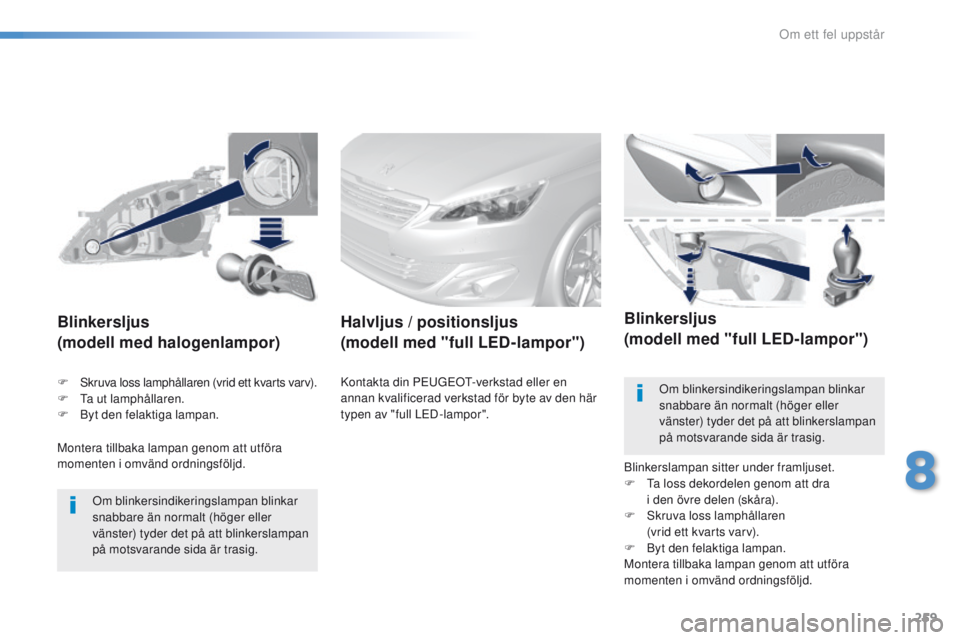 Peugeot 308 2016  Ägarmanual (in Swedish) 259
308_sv_Chap08_en-cas-de-panne_ed02-2015
Montera tillbaka lampan genom att utföra 
momenten i omvänd ordningsföljd.
Blinkersljus
(modell med halogenlampor)
Om blinkersindikeringslampan blinkar 
