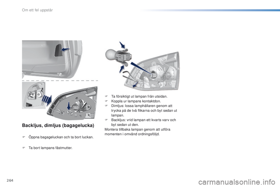 Peugeot 308 2016  Ägarmanual (in Swedish) 264
308_sv_Chap08_en-cas-de-panne_ed02-2015
Backljus, dimljus (bagagelucka)
F Öppna bagageluckan och ta bort luckan. F   t
a
  försiktigt ut lampan från utsidan.
F  
K
 oppla ur lampans kontaktdon.