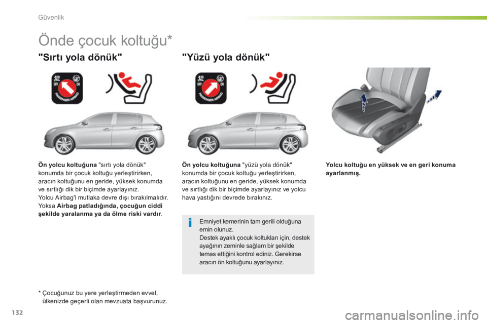 Peugeot 308 2016  Kullanım Kılavuzu (in Turkish) 132
308_tr_Chap05_securite_ed02-2015
Yolcu koltuğu en yüksek ve en geri konuma 
ayarlanmış.
"Sırtı yola dönük"
Önde çocuk koltuğu*
"Yüzü yola dönük"
Emniyet kemerinin ta