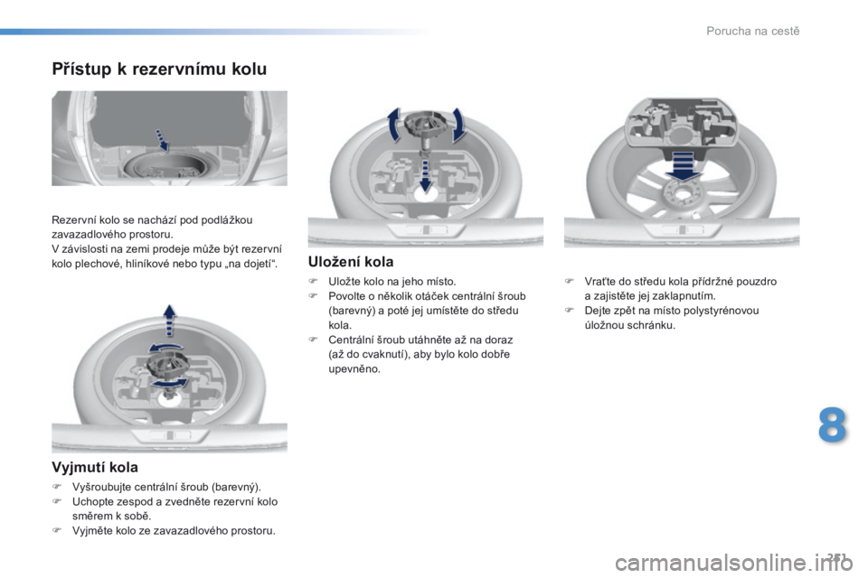 Peugeot 308 2016  Návod k obsluze (in Czech) 251
308_cs_Chap08_En-cas-de-panne_ed02-2015
Vyjmutí kola
F Vyšroubujte centrální šroub (barevný).
F U chopte zespod a zvedněte rezervní kolo 
směrem k sobě.
F
 
V
 yjměte kolo ze zavazadlov