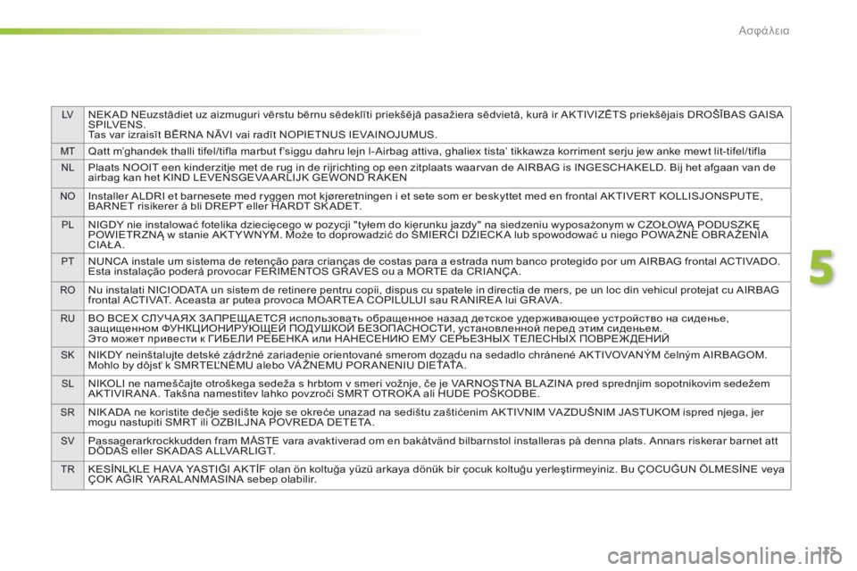 Peugeot 308 2016 Εγχειρίδιο χρήσης (in Greek) 135
LVNEK AD NEuzstādiet uz aizmuguri vērstu bērnu sēdeklīti priekšējā pasažiera sēdvietā, kurā ir AKTIVIZĒTS priekšējais DROŠĪBAS GAISA
S P I LV E N S .
Tas var izraisīt BĒRNA NĀ Peugeot 308 2016 Εγχειρίδιο χρήσης (in Greek) 135
LVNEK AD NEuzstādiet uz aizmuguri vērstu bērnu sēdeklīti priekšējā pasažiera sēdvietā, kurā ir AKTIVIZĒTS priekšējais DROŠĪBAS GAISA
S P I LV E N S .
Tas var izraisīt BĒRNA NĀ