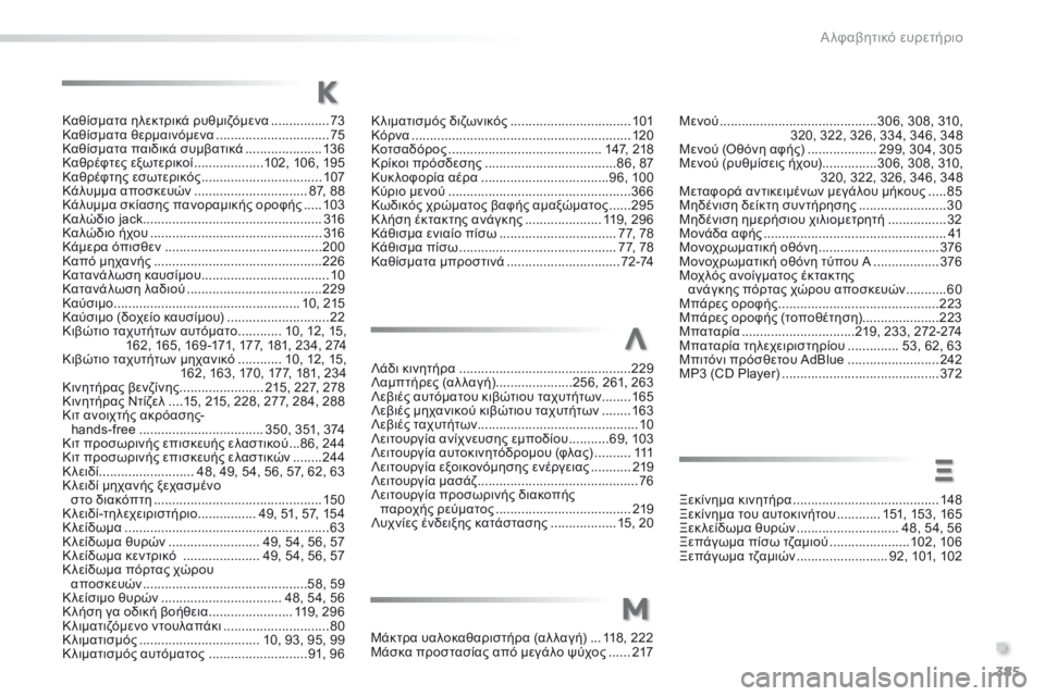 Peugeot 308 2016 Εγχειρίδιο χρήσης (in Greek) 385
308_el_Chap11_index-alpha_ed02-2015
Λάδι κινητήρα ...............................................2 29
Λαμπτήρες (αλ λαγή) .....................25 6, 261, 263
Λεβιέ Peugeot 308 2016 Εγχειρίδιο χρήσης (in Greek) 385
308_el_Chap11_index-alpha_ed02-2015
Λάδι κινητήρα ...............................................2 29
Λαμπτήρες (αλ λαγή) .....................25 6, 261, 263
Λεβιέ
