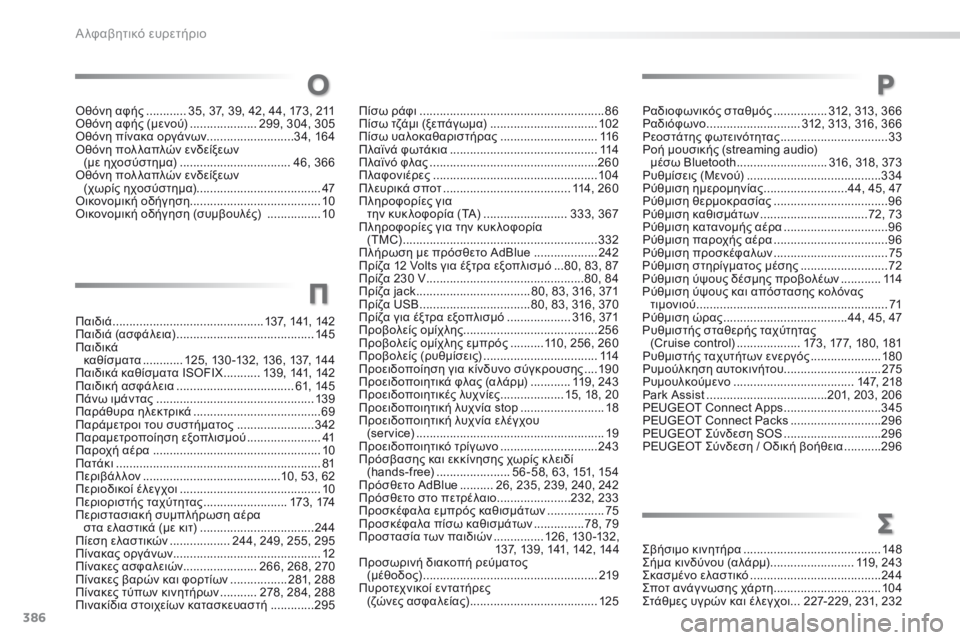 Peugeot 308 2016 Εγχειρίδιο χρήσης (in Greek) 386
308_el_Chap11_index-alpha_ed02-2015
Πίσω ράφι .......................................................86
Πί σω τζάμι (ξεπάγωμα) ................................ 102
Π
ίσ Peugeot 308 2016 Εγχειρίδιο χρήσης (in Greek) 386
308_el_Chap11_index-alpha_ed02-2015
Πίσω ράφι .......................................................86
Πί σω τζάμι (ξεπάγωμα) ................................ 102
Π
ίσ