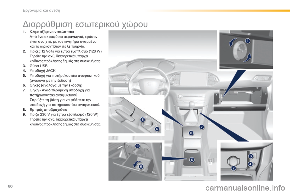 Peugeot 308 2016 Εγχειρίδιο χρήσης (in Greek) 80
308_el_Chap03_ergonomie-et-confort_ed02-2015
Διαρρύθμιση εσωτερικού χώρου
1. Κλιματιζόμενο ντουλαπάκι Από ένα ακροφύσιο αεραγω Peugeot 308 2016 Εγχειρίδιο χρήσης (in Greek) 80
308_el_Chap03_ergonomie-et-confort_ed02-2015
Διαρρύθμιση εσωτερικού χώρου
1. Κλιματιζόμενο ντουλαπάκι Από ένα ακροφύσιο αεραγω