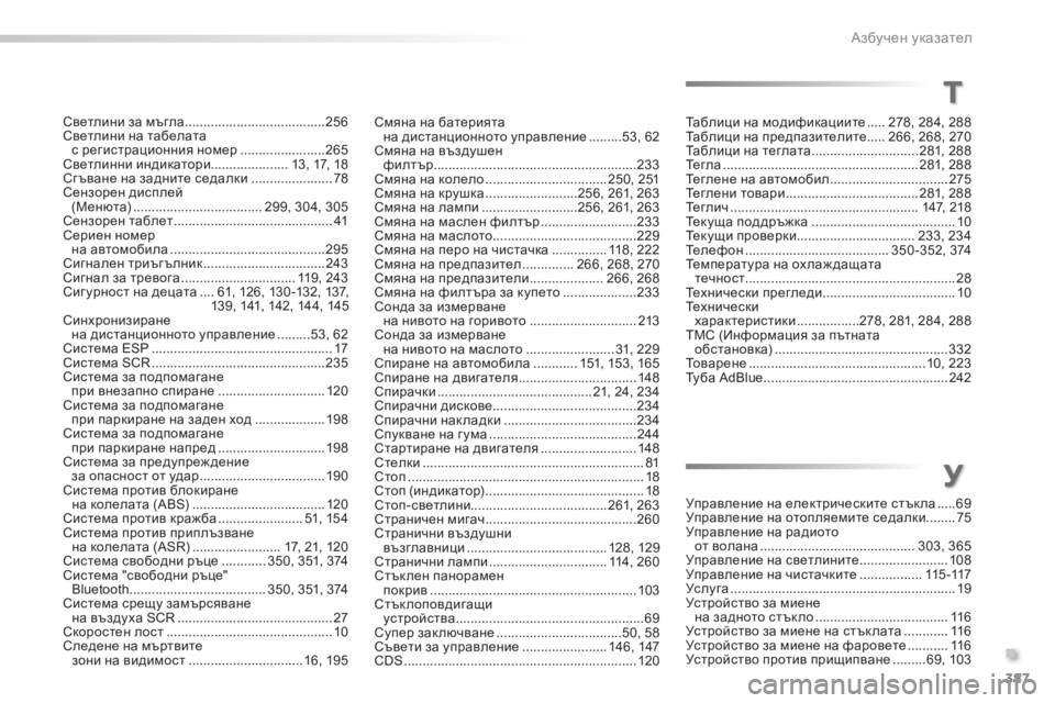 Peugeot 308 2016  Ръководство за експлоатация (in Bulgarian) 387
308_bg_Chap11_index-alpha_ed02-2015
Таблици на модификациите ..... 278, 284, 288
Таблици на предпазителите ..... 26 6, 268, 270
Таблици на т