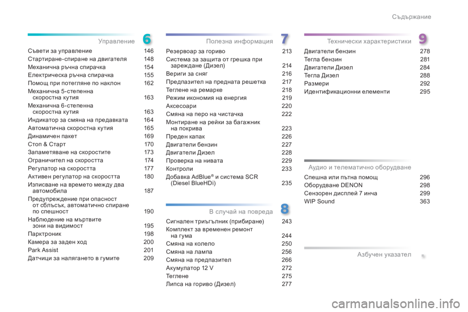 Peugeot 308 2016  Ръководство за експлоатация (in Bulgarian) 308_bg_Chap00a_sommaire_ed02-2015
Съвети за управление 146
Стартиране-спиране на двигателя
 14
 8
Механична ръчна спирачка
 15

4
Е