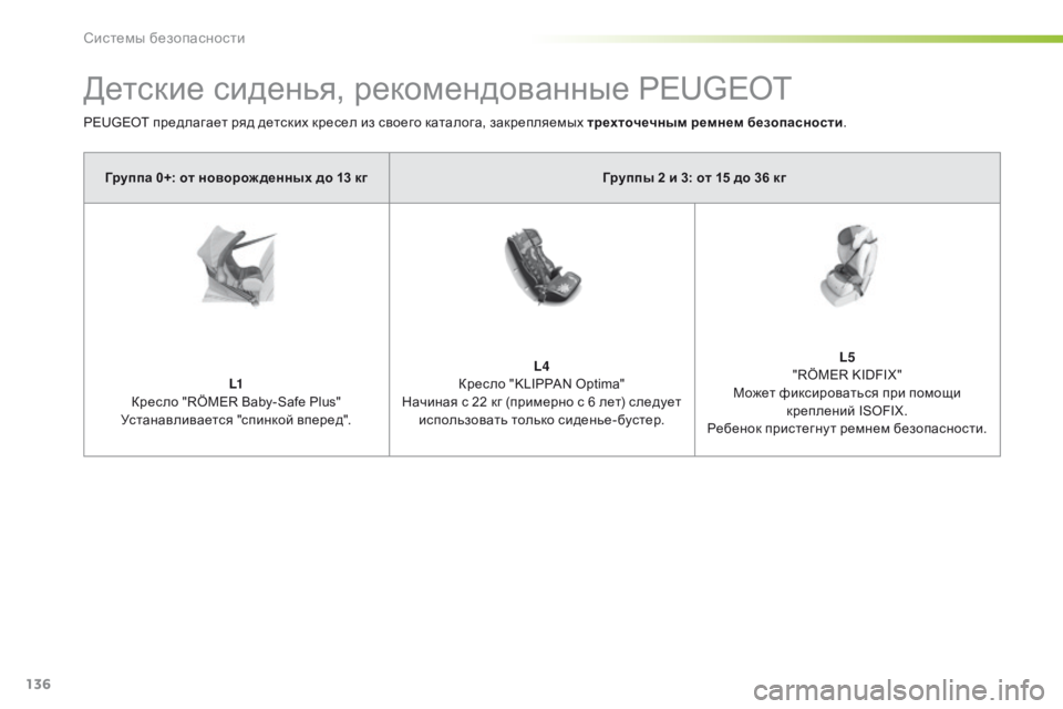 Peugeot 308 2016 Инструкция по эксплуатации (in Russian) 136
308_ru_Chap05_securite_ed02-2015
Детские сиденья, рекомендованные PEUGEOT
PEUGEOT предлагает ряд детских кресел из своего катал Peugeot 308 2016 Инструкция по эксплуатации (in Russian) 136
308_ru_Chap05_securite_ed02-2015
Детские сиденья, рекомендованные PEUGEOT
PEUGEOT предлагает ряд детских кресел из своего катал