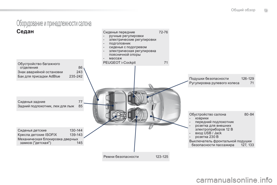 Peugeot 308 2016  Инструкция по эксплуатации (in Russian) 5
308_ru_Chap00b_vue-ensemble_ed02-2015
Оборудование и принадлежности салона
Обустройство багажного отделения 8 6
Знак аварийн