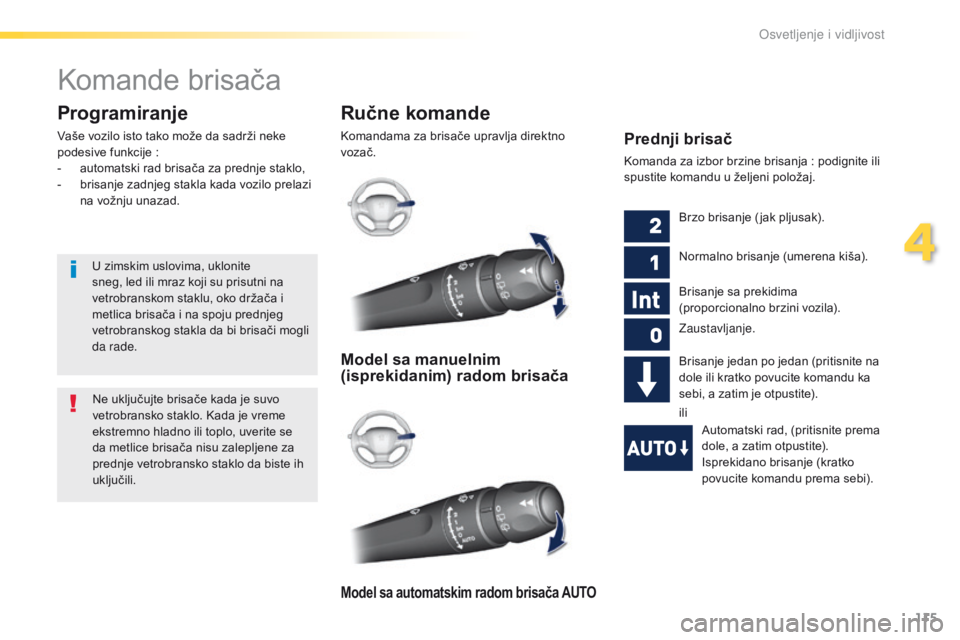 Peugeot 308 2016 Упутство за употребу (in Serbian) 115
308_sr_Chap04_eclairage-et-visibilite_ed02-2015
Komande brisača
Ručne komande
Komandama za brisače upravlja direktno
vozač.
Programiranje
Vaše vozilo isto tako može da sadrži neke
podesiv Peugeot 308 2016 Упутство за употребу (in Serbian) 115
308_sr_Chap04_eclairage-et-visibilite_ed02-2015
Komande brisača
Ručne komande
Komandama za brisače upravlja direktno
vozač.
Programiranje
Vaše vozilo isto tako može da sadrži neke
podesiv