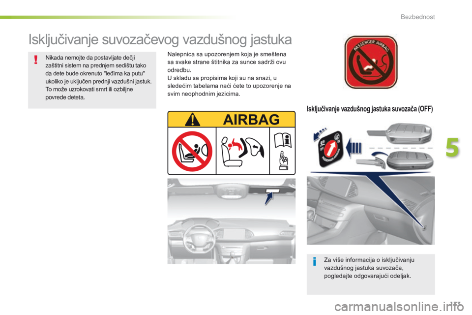 Peugeot 308 2016  Упутство за употребу (in Serbian) 133
308_sr_Chap05_securite_ed02-2015
Isključivanje vazdušnog jastuka suvozača (OFF)
Za više informacija o isključivanju 
vazdušnog jastuka suvozača, 
pogledajte odgovarajući odeljak.
Isključi