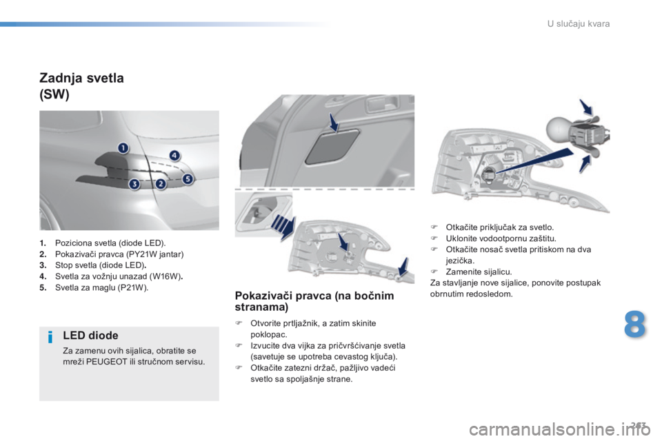 Peugeot 308 2016 Упутство за употребу (in Serbian) 263
308_sr_Chap08_En-cas-de-panne_ed02-2015
Zadnja svetla
(SW)
LED diode
Za zamenu ovih sijalica, obratite se
mreži PEUGEOT ili stručnom servisu.
Pokazivači pravca (na bočnim
stranama)
F Otvorit Peugeot 308 2016 Упутство за употребу (in Serbian) 263
308_sr_Chap08_En-cas-de-panne_ed02-2015
Zadnja svetla
(SW)
LED diode
Za zamenu ovih sijalica, obratite se
mreži PEUGEOT ili stručnom servisu.
Pokazivači pravca (na bočnim
stranama)
F Otvorit