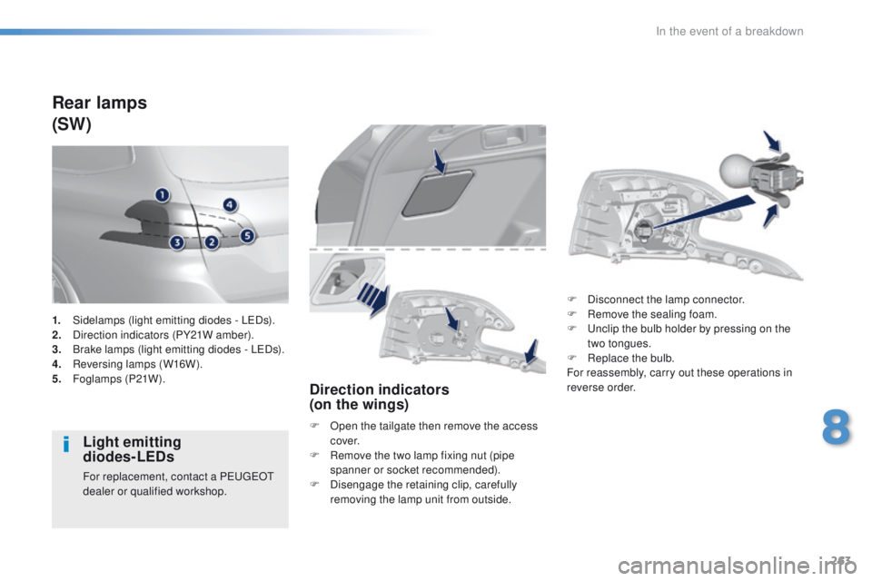 Peugeot 308 2015.5 Owners Manual - RHD (UK, Australia) 263
Rear lamps
(SW)
Light emitting
diodes-LEDs
For replacement, contact a PeugeOt
dealer or qualified workshop.
Direction indicators
(on the wings)
F Open the tailgate then remove the access c Peugeot 308 2015.5 Owners Manual - RHD (UK, Australia) 263
Rear lamps
(SW)
Light emitting
diodes-LEDs
For replacement, contact a PeugeOt
dealer or qualified workshop.
Direction indicators
(on the wings)
F Open the tailgate then remove the access c