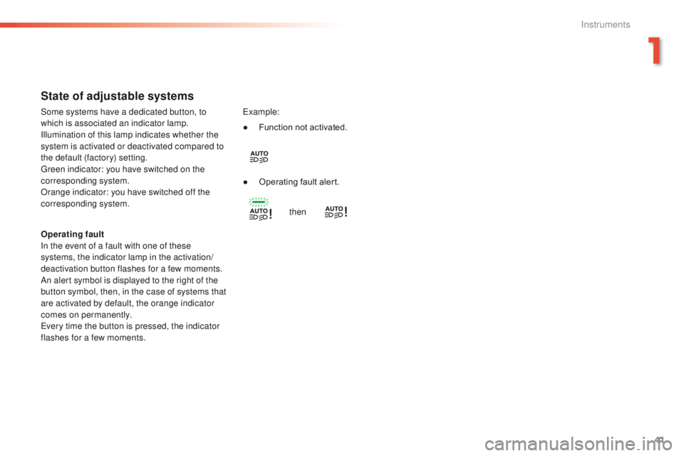 Peugeot 308 2015.5   - RHD (UK, Australia) Service Manual 41
State of adjustable systems
Operating fault
In the event of a fault with one of these 
systems, the indicator lamp in the activation/
deactivation button flashes for a few moments.
An alert symbol 