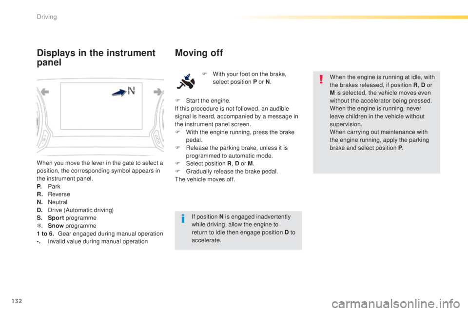 Peugeot 308 2015  Owners Manual 132
308_en_Chap04_conduite_ed01-2015
When you move the lever in the gate to select a 
position, the corresponding symbol appears in 
the instrument panel.
P.
 
Park
R.
 R

everse
N.
 N

eutral
D.
 D

