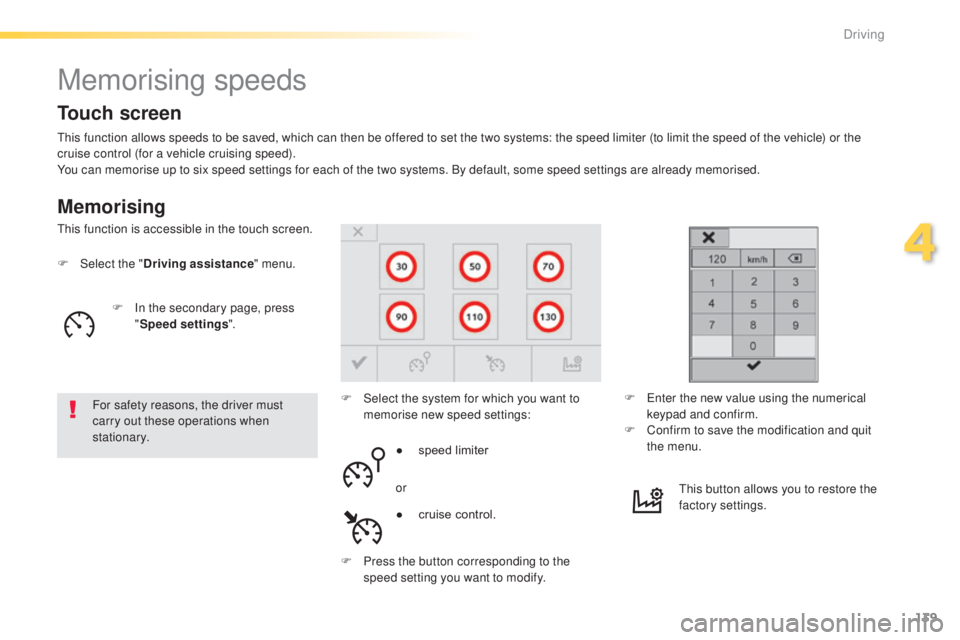 Peugeot 308 2015  Owners Manual 139
308_en_Chap04_conduite_ed01-2015
Memorising speeds
Memorising
this function allows speeds to be saved, which can then be offered to set the two systems: the speed limiter (to limit the speed of th