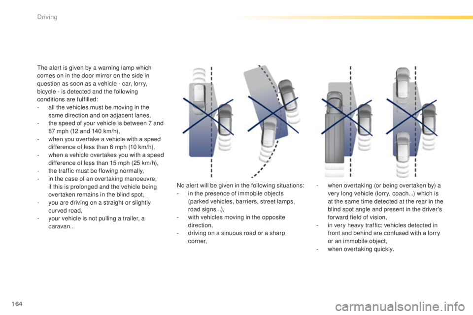 Peugeot 308 2015 Service Manual 164
308_en_Chap04_conduite_ed01-2015
the alert is given by a warning lamp which 
comes on in the door mirror on the side in 
question as soon as a vehicle - car, lorry, 
bicycle - is detected and the 