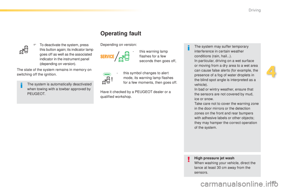 Peugeot 308 2015 Service Manual 165
308_en_Chap04_conduite_ed01-2015
F  to deactivate the system, press this button again; its indicator lamp 
goes off as well as the associated 
indicator in the instrument panel 
(depending on vers