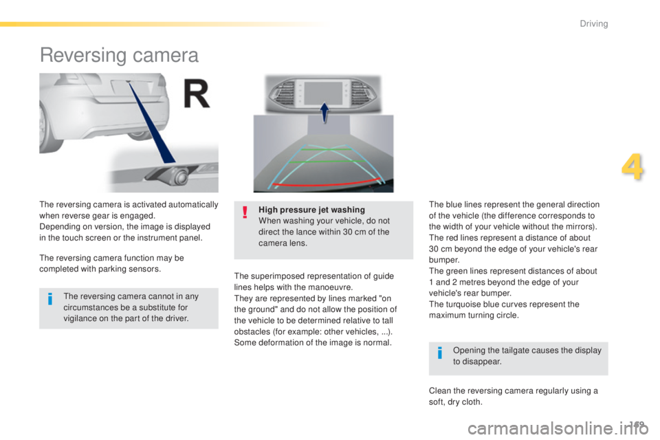 Peugeot 308 2015 User Guide 169
308_en_Chap04_conduite_ed01-2015
Reversing camera
Opening the tailgate causes the display
to disappear.
the
reversing camera is activated automatically
when reverse gear is engaged.
Depending Peugeot 308 2015 User Guide 169
308_en_Chap04_conduite_ed01-2015
Reversing camera
Opening the tailgate causes the display
to disappear.
the
reversing camera is activated automatically
when reverse gear is engaged.
Depending