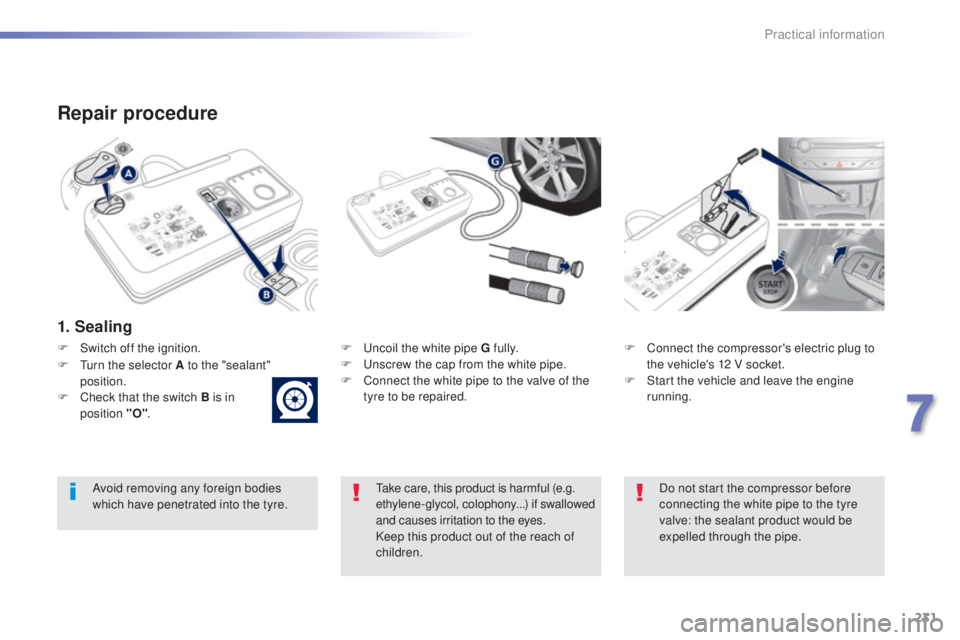 Peugeot 308 2015  Owners Manual 231
308_en_Chap07_info-pratiques_ed01-2015
Repair procedure
1. Sealing
F  uncoil the white pipe G fully.
F  un screw the cap from the white pipe.
F
 
C
 onnect the white pipe to the valve of the 
tyre