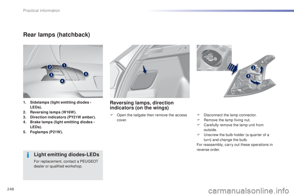 Peugeot 308 2015 Owners Manual 248
308_en_Chap07_info-pratiques_ed01-2015
1. Sidelamps (light emitting diodes - LEDs).
2.
R
eversing lamps (W16W).
3.
D
irection indicators (PY21W amber).
4.
B
rake lamps (light emitting diodes Peugeot 308 2015 Owners Manual 248
308_en_Chap07_info-pratiques_ed01-2015
1. Sidelamps (light emitting diodes - LEDs).
2.
R
eversing lamps (W16W).
3.
D
irection indicators (PY21W amber).
4.
B
rake lamps (light emitting diodes