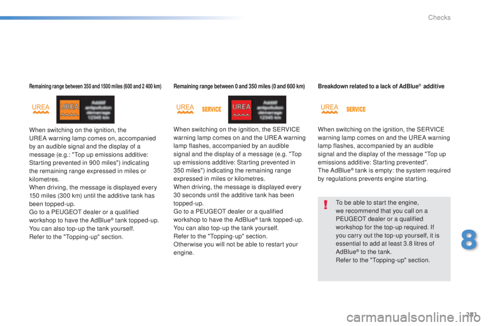 Peugeot 308 2015 Owners Guide 281
308_en_Chap08_verifications_ed01-2015
Remaining range between 350 and 1500 miles (600 and 2 400 km)
When switching on the ignition, the uReA  warning lamp comes on, accompanied 
by an audible sign