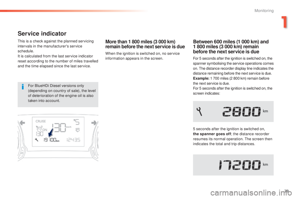 Peugeot 308 2015  Owners Manual 29
308_en_Chap01_controle-de-marche_ed01-2015
Service indicator
this is a check against the planned servicing 
intervals in the manufacturer's service 
schedule.
It is calculated from the last ser