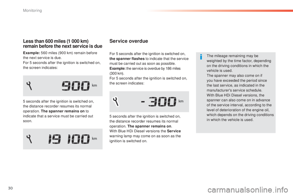 Peugeot 308 2015  Owners Manual 30
308_en_Chap01_controle-de-marche_ed01-2015
Service overdue
the mileage remaining may be 
weighted by the time factor, depending 
on the driving conditions in which the 
vehicle is used.
th
e spanne