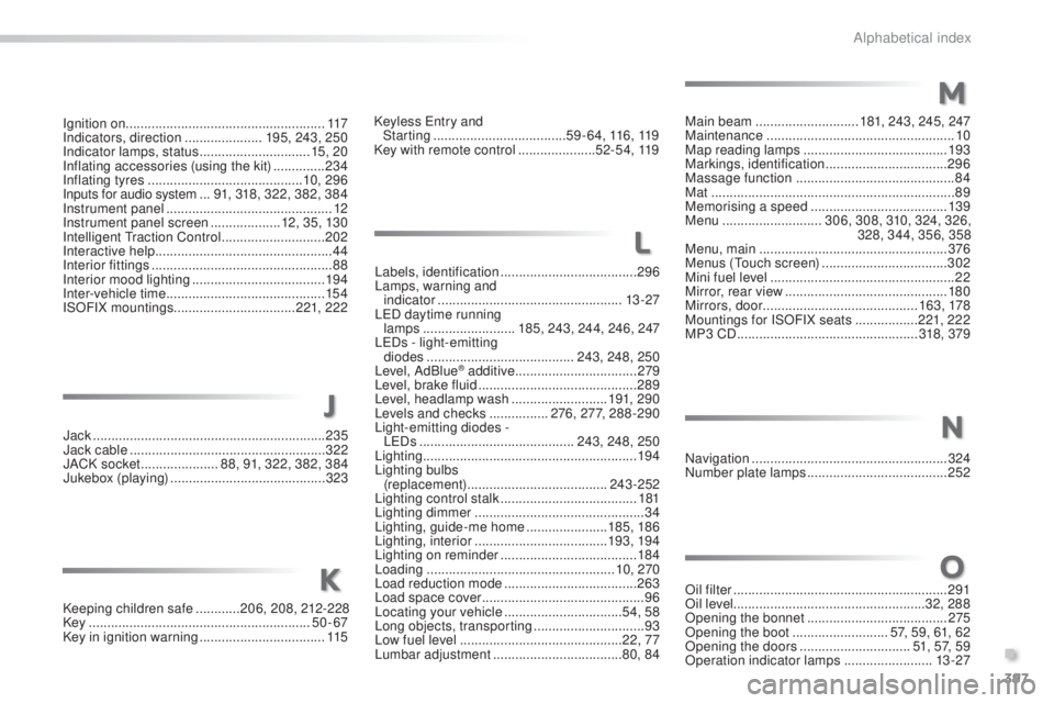 Peugeot 308 2015  Owners Manual 397
Ignition on...................................................... 117
Indicators, direction  .....................195, 243, 250
Indicator lamps, status
 .............................. 15

, 20
Inf