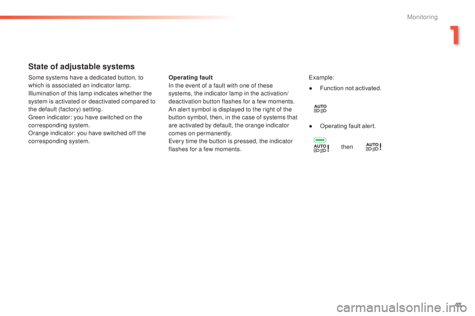 Peugeot 308 2015 Service Manual 43
308_en_Chap01_controle-de-marche_ed01-2015
State of adjustable systems
Operating fault
In the event of a fault with one of these 
systems, the indicator lamp in the activation/
deactivation button 
