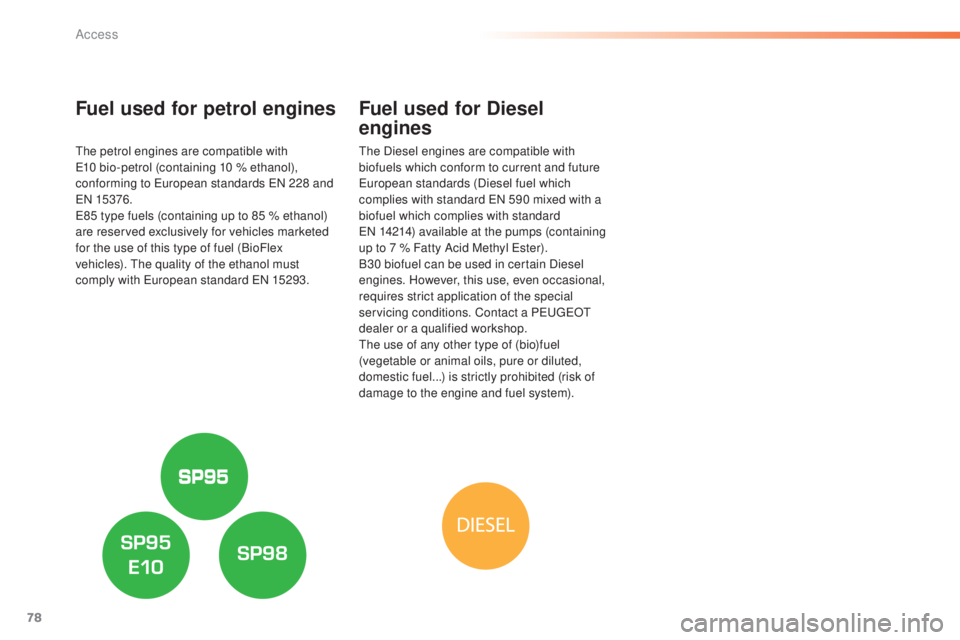 Peugeot 308 2015  Owners Manual 78
308_en_Chap02_ouvertures_ed01-2015
Fuel used for petrol engines
the petrol engines are compatible with e10 bio-petrol (containing 10 % ethanol), 
conforming to 
e
u
 ropean standards  e
N 2
 28 and