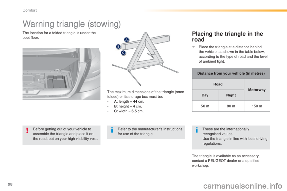 Peugeot 308 2015 Owners Guide 98
308_en_Chap03_confort_ed01-2015
Warning triangle (stowing)
Before getting out of your vehicle to 
assemble the triangle and place it on 
the road, put on your high visibility vest.
th
e maximum dim