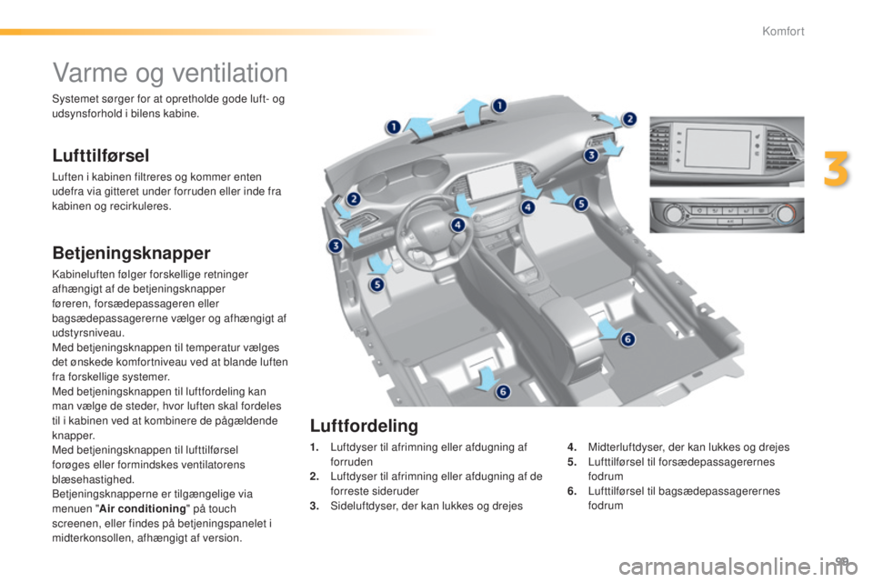 Peugeot 308 2015 Instruktionsbog (in Danish) 99
308_da_Chap03_confort_ed01-2015
Varme og ventilation
Lufttilførsel
Luften i kabinen filtreres og kommer enten
udefra via gitteret under forruden eller inde fra
kabinen og recirkuleres.
Betjening Peugeot 308 2015 Instruktionsbog (in Danish) 99
308_da_Chap03_confort_ed01-2015
Varme og ventilation
Lufttilførsel
Luften i kabinen filtreres og kommer enten
udefra via gitteret under forruden eller inde fra
kabinen og recirkuleres.
Betjening