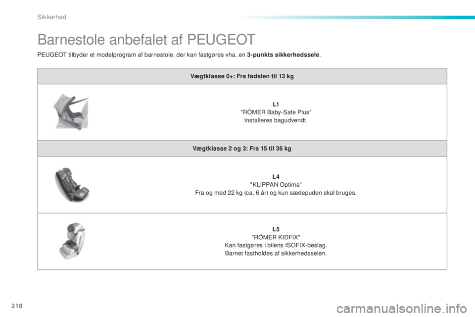 Peugeot 308 2015 Instruktionsbog (in Danish) 218
308_da_Chap06_securite_ed01-2015
Barnestole anbefalet af PEUGEOT
Vægtklasse 0+: Fra fødslen til 13 kg
L1
"
RÖMER Baby-Safe Plus" Installeres bagudvendt.
Vægtklasse 2
og 3: Fra 15 Peugeot 308 2015 Instruktionsbog (in Danish) 218
308_da_Chap06_securite_ed01-2015
Barnestole anbefalet af PEUGEOT
Vægtklasse 0+: Fra fødslen til 13 kg
L1
"
RÖMER Baby-Safe Plus" Installeres bagudvendt.
Vægtklasse 2
og 3: Fra 15