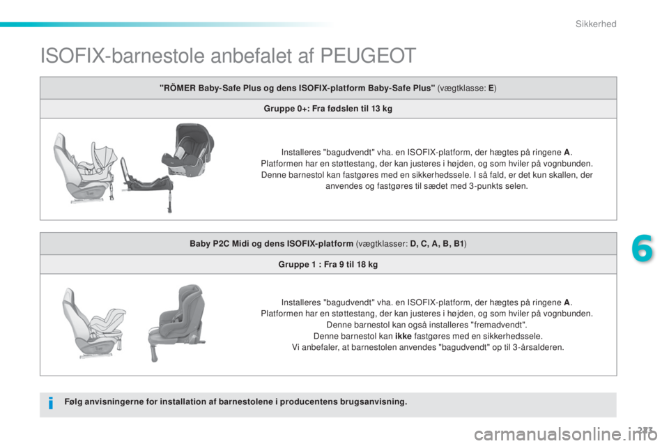 Peugeot 308 2015 Instruktionsbog (in Danish) 223
308_da_Chap06_securite_ed01-2015
ISOFIX-barnestole anbefalet af PEUGEOT
Følg anvisningerne for installation af barnestolene i producentens brugsanvisning.
"RÖMER Baby- Safe Plus og dens ISOF Peugeot 308 2015 Instruktionsbog (in Danish) 223
308_da_Chap06_securite_ed01-2015
ISOFIX-barnestole anbefalet af PEUGEOT
Følg anvisningerne for installation af barnestolene i producentens brugsanvisning.
"RÖMER Baby- Safe Plus og dens ISOF