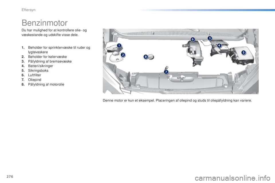 Peugeot 308 2015 Instruktionsbog (in Danish) 276
308_da_Chap08_verifications_ed01-2015
Du har mulighed for at kontrollere olie- og
væskestande og udskifte visse dele.
Benzinmotor
1. Beholder for sprinklervæske til ruder og lygtevaskere
2.
B
Peugeot 308 2015 Instruktionsbog (in Danish) 276
308_da_Chap08_verifications_ed01-2015
Du har mulighed for at kontrollere olie- og
væskestande og udskifte visse dele.
Benzinmotor
1. Beholder for sprinklervæske til ruder og lygtevaskere
2.
B