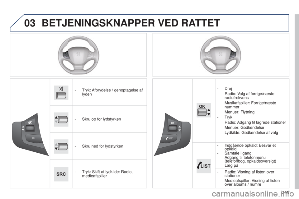 Peugeot 308 2015  Instruktionsbog (in Danish) 03
305
BETJENINGSKNAPPER VED RATTET
- Tryk: Afbrydelse / genoptagelse af lyden
-
 
Skru op for lydstyrken
-

 
Skru ned for lydstyrken
-

 
T
 ryk: Skift af lydkilde: Radio, 
medieafspiller -
  Drej R
