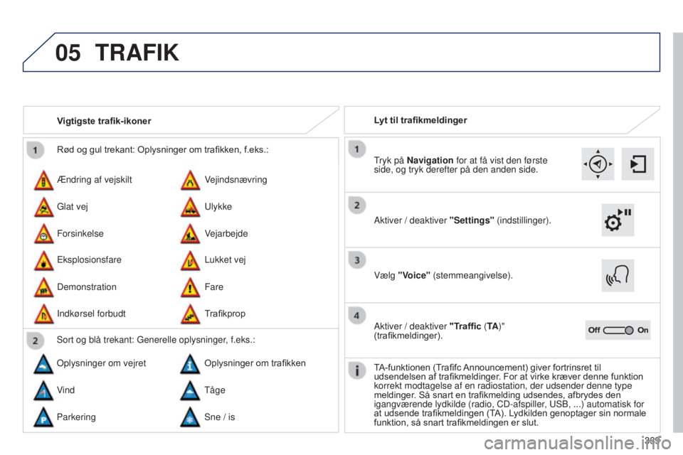 Peugeot 308 2015 Instruktionsbog (in Danish) 05
339
Rød og gul trekant: Oplysninger om trafikken, f.eks.:
Ændring af vejskilt
Eksplosionsfare Vejindsnævring
Lukket vej
Glat vej
Demonstration Ulykke
Fare
Forsinkelse
Indkørsel forbudt Vejarbej Peugeot 308 2015 Instruktionsbog (in Danish) 05
339
Rød og gul trekant: Oplysninger om trafikken, f.eks.:
Ændring af vejskilt
Eksplosionsfare Vejindsnævring
Lukket vej
Glat vej
Demonstration Ulykke
Fare
Forsinkelse
Indkørsel forbudt Vejarbej