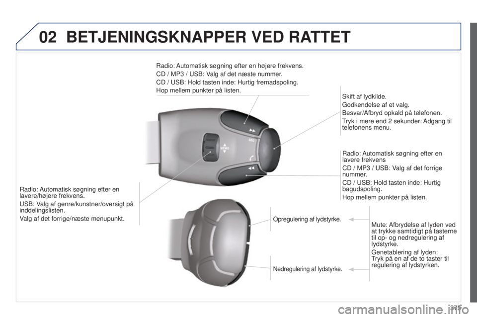 Peugeot 308 2015 Instruktionsbog (in Danish) 02
375
BETJENINGSKNAPPER VED RATTET
Radio: Automatisk søgning efter en
lavere/højere frekvens.
USB: Valg af genre/kunstner/oversigt på
inddelingslisten.
Valg af det forrige/næste menupunkt.Skift Peugeot 308 2015 Instruktionsbog (in Danish) 02
375
BETJENINGSKNAPPER VED RATTET
Radio: Automatisk søgning efter en
lavere/højere frekvens.
USB: Valg af genre/kunstner/oversigt på
inddelingslisten.
Valg af det forrige/næste menupunkt.Skift
