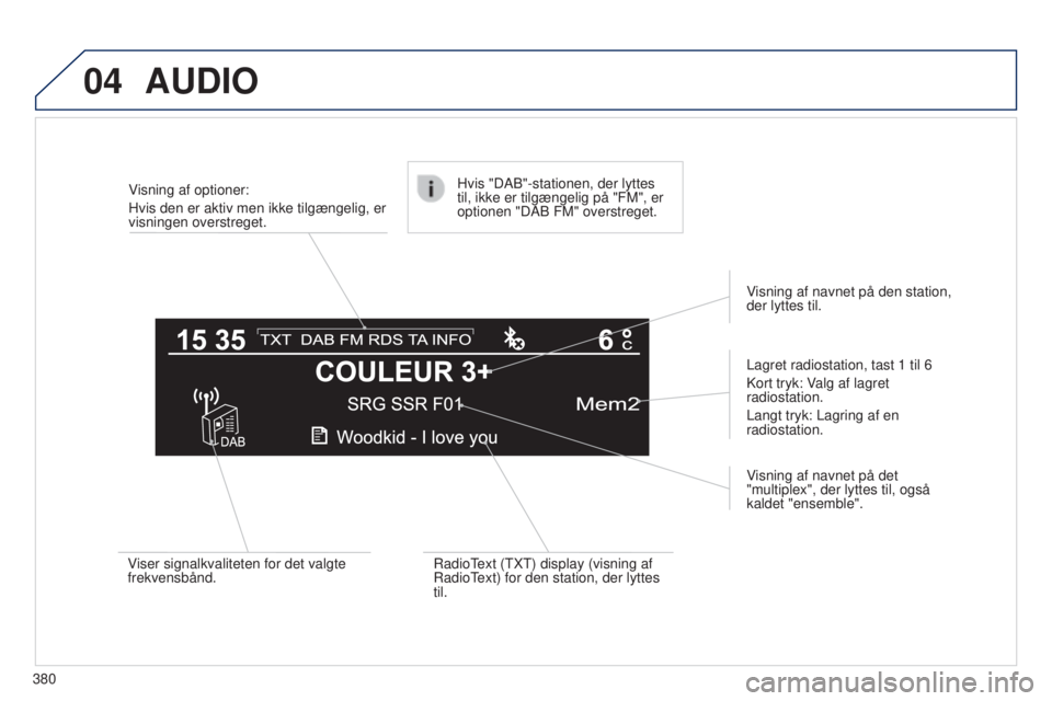Peugeot 308 2015 Instruktionsbog (in Danish) 04
380Visning af optioner:
Hvis den er aktiv men ikke tilgængelig, er
visningen overstreget.
Lagret radiostation, tast 1 til 6
Kort tryk: Valg af lagret
radiostation.
Langt tryk: Lagring af en
r Peugeot 308 2015 Instruktionsbog (in Danish) 04
380Visning af optioner:
Hvis den er aktiv men ikke tilgængelig, er
visningen overstreget.
Lagret radiostation, tast 1 til 6
Kort tryk: Valg af lagret
radiostation.
Langt tryk: Lagring af en
r