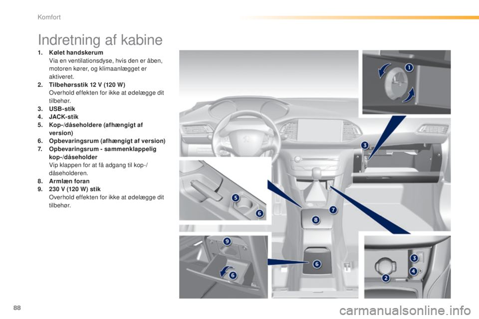 Peugeot 308 2015 Instruktionsbog (in Danish) 88
308_da_Chap03_confort_ed01-2015
Indretning af kabine
1. Kølet handskerum V
ia en ventilationsdyse, hvis den er åben,
motoren kører, og klimaanlægget er
aktiveret.
2.
T
ilbehørsstik 12 V Peugeot 308 2015 Instruktionsbog (in Danish) 88
308_da_Chap03_confort_ed01-2015
Indretning af kabine
1. Kølet handskerum V
ia en ventilationsdyse, hvis den er åben,
motoren kører, og klimaanlægget er
aktiveret.
2.
T
ilbehørsstik 12 V