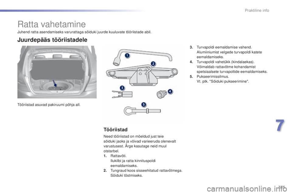 Peugeot 308 2015 Omaniku käsiraamat (in Estonian) 235
308_et_Chap07_info-pratiques_ed01-2015
Ratta vahetamine
Tööriistad asuvad pakiruumi põhja all.
Juurdepääs tööriistadele
Tööriistad
Need tööriistad on mõeldud just teie
sõiduki jaoks Peugeot 308 2015 Omaniku käsiraamat (in Estonian) 235
308_et_Chap07_info-pratiques_ed01-2015
Ratta vahetamine
Tööriistad asuvad pakiruumi põhja all.
Juurdepääs tööriistadele
Tööriistad
Need tööriistad on mõeldud just teie
sõiduki jaoks