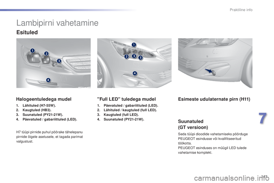Peugeot 308 2015 Omaniku käsiraamat (in Estonian) 243
308_et_Chap07_info-pratiques_ed01-2015
Lambipirni vahetamine
Esituled
"Full LED" tuledega mudel
1. Päevatuled / gabariittuled (LED).
2. Lähituled / kaugtuled (full LED).
3.
K
augtuled Peugeot 308 2015 Omaniku käsiraamat (in Estonian) 243
308_et_Chap07_info-pratiques_ed01-2015
Lambipirni vahetamine
Esituled
"Full LED" tuledega mudel
1. Päevatuled / gabariittuled (LED).
2. Lähituled / kaugtuled (full LED).
3.
K
augtuled