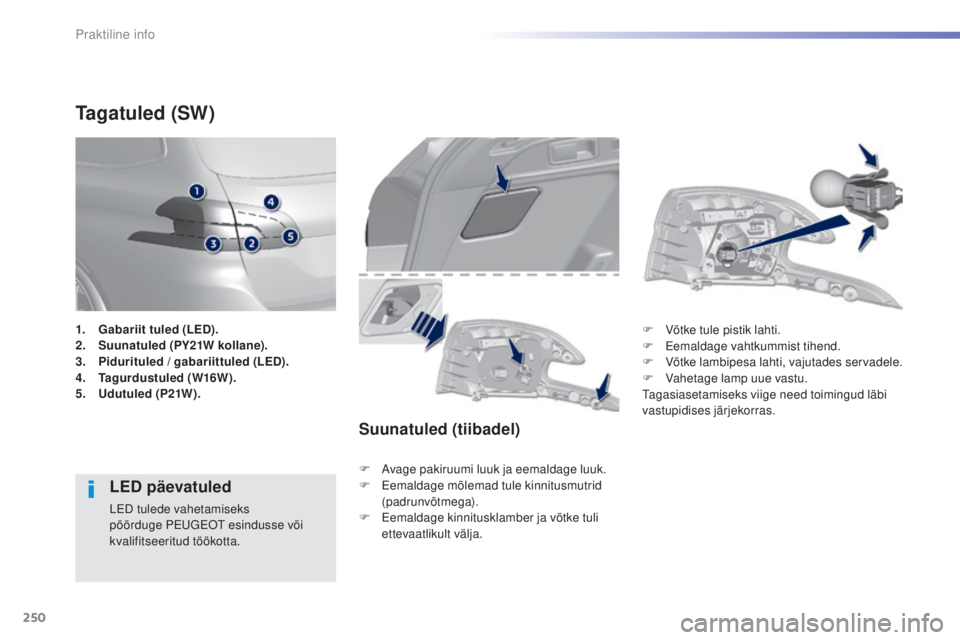Peugeot 308 2015  Omaniku käsiraamat (in Estonian) 250
308_et_Chap07_info-pratiques_ed01-2015
Tagatuled (SW)
LED päevatuled
LED tulede vahetamiseks 
pöörduge PEUGEOT esindusse või 
kvalifitseeritud töökotta.
Suunatuled (tiibadel)
F Avage pakiruu